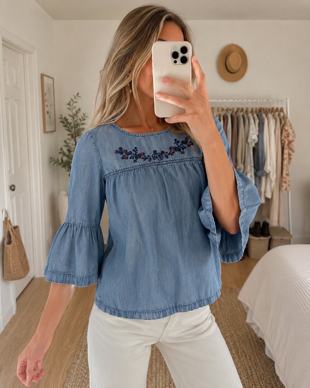 Cherokee Embroidered Chambray Boho Bell Sleeve Peasant Top XS Floral Blue Cotton